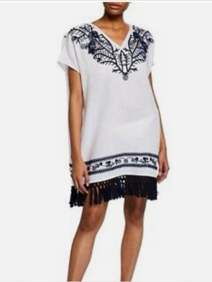 Tory Burch Cover Up White Embroidered V-Neck Fringe Tunic Dress Small